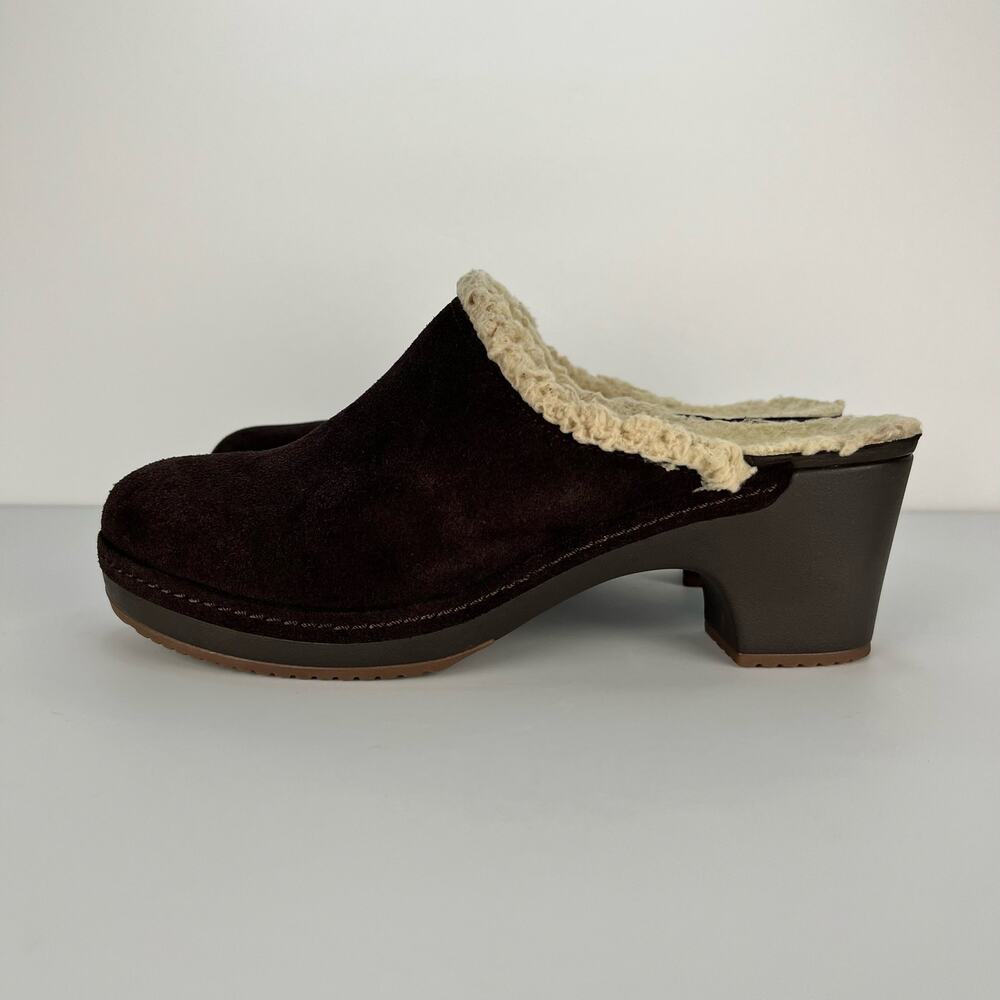 CROCS Sarah Leather Clogs Shearling Lined Mules Brown Shoes Womens Size 8 - Picture 9 of 12